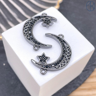 Коннектор полумесяц с цирконами, цвет черный 19х13 мм