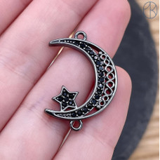 Коннектор полумесяц с цирконами, цвет черный 19х13 мм