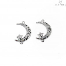 Коннектор полумесяц с цирконами, цвет серебро 19х13 мм