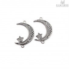 Коннектор полумесяц с цирконами, цвет серебро 29х19 мм
