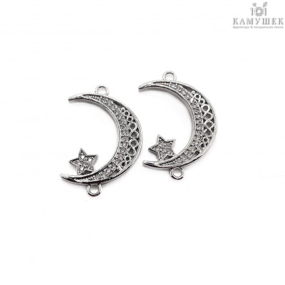 Коннектор полумесяц с цирконами, цвет серебро 29х19 мм