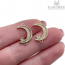 Коннектор полумесяц с цирконами, цвет золото 19х13 мм