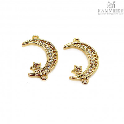 Коннектор полумесяц с цирконами, цвет золото 19х13 мм