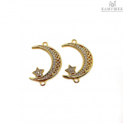 Коннектор полумесяц с цирконами, цвет золото 29х19 мм
