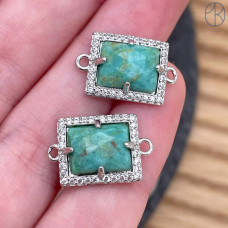 Коннектор прямоугольник огранка амазонит, цвет серебро ~ 13х11 мм