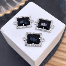 Коннектор прямоугольник огранка черный агат, цвет серебро ~ 13х11 мм