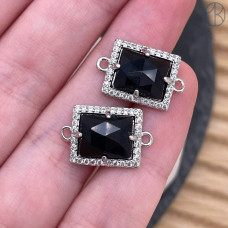 Коннектор прямоугольник огранка черный агат, цвет серебро ~ 13х11 мм