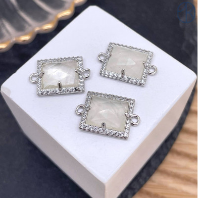 Коннектор прямоугольник огранка горный хрусталь, цвет серебро ~ 13х11 мм