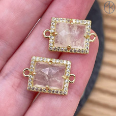 Коннектор прямоугольник огранка горный хрусталь, цвет золото ~ 13х11 мм