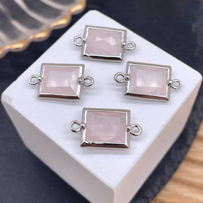 Коннектор прямоугольник огранка розовый кварц, цвет серебро ~ 12х10 мм