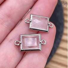 Коннектор прямоугольник огранка розовый кварц, цвет серебро ~ 12х10 мм