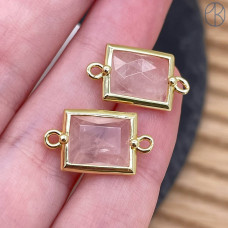 Коннектор прямоугольник огранка розовый кварц, цвет золото ~ 12х10 мм