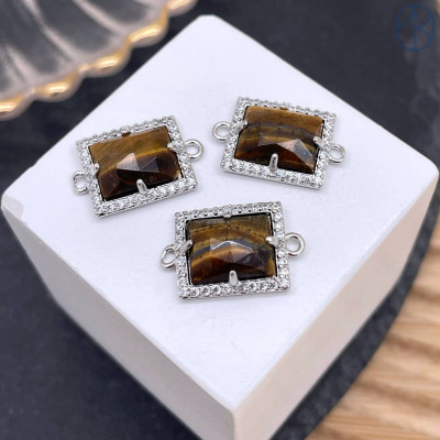 Коннектор прямоугольник огранка тигровый глаз, цвет серебро ~ 13х11 мм