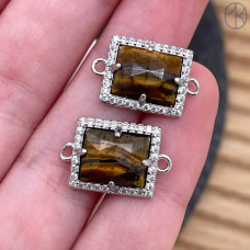 Коннектор прямоугольник огранка тигровый глаз, цвет серебро ~ 13х11 мм