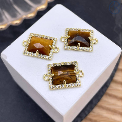 Коннектор прямоугольник огранка тигровый глаз, цвет золото ~ 13х11 мм