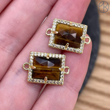 Коннектор прямоугольник огранка тигровый глаз, цвет золото ~ 13х11 мм