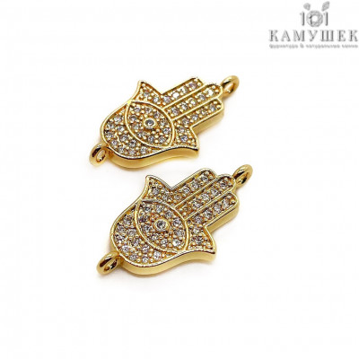 Коннектор рука Фатимы цирконы, цвет золото 21х12 мм