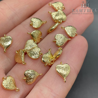 Коннектор сердце фактурное, цвет золото 11х7 мм