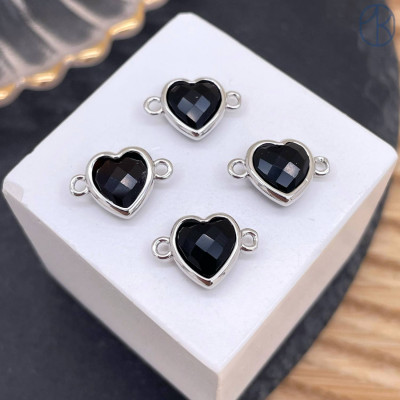 Коннектор сердце огранка агат черный, цвет серебро ~ 11 мм