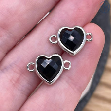 Коннектор сердце огранка агат черный, цвет серебро ~ 11 мм