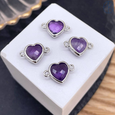 Коннектор сердце огранка аметист, цвет серебро ~ 11 мм