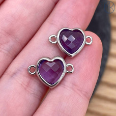Коннектор сердце огранка аметист, цвет серебро ~ 11 мм