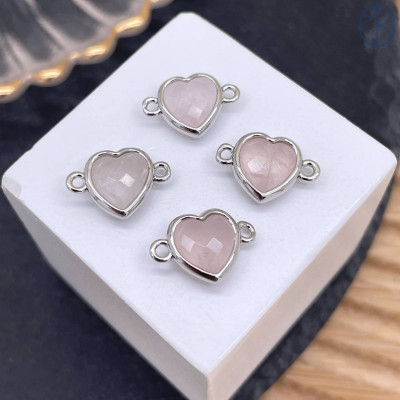 Коннектор сердце огранка розовый кварц, цвет серебро ~ 11 мм