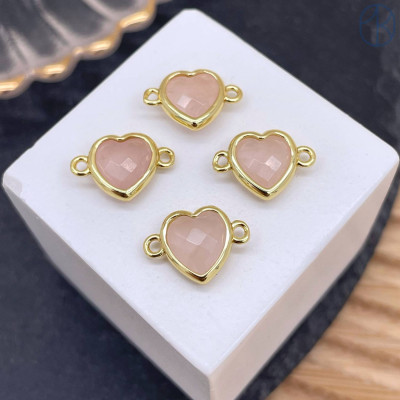 Коннектор сердце огранка розовый кварц, цвет золото ~ 11 мм