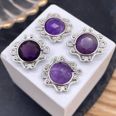 Коннектор солнце огранка аметист, цвет серебро ~ 16 мм