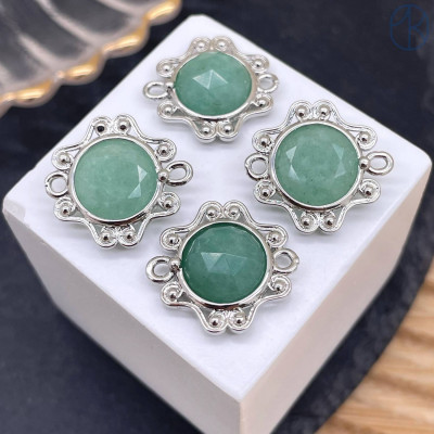 Коннектор солнце огранка авантюрин зеленый, цвет серебро ~ 16 мм