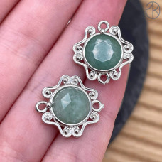 Коннектор солнце огранка авантюрин зеленый, цвет серебро ~ 16 мм