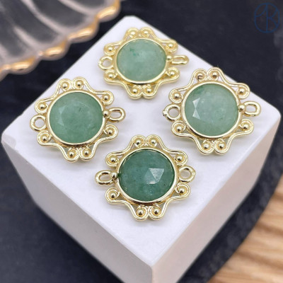 Коннектор солнце огранка авантюрин зеленый, цвет золото ~ 16 мм