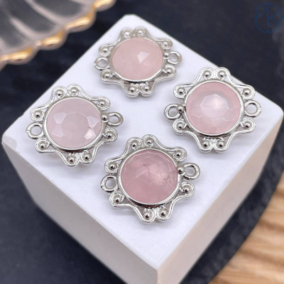 Коннектор солнце огранка розовый кварц, цвет серебро ~ 16 мм