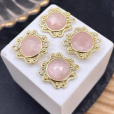 Коннектор солнце огранка розовый кварц, цвет золото ~ 16 мм