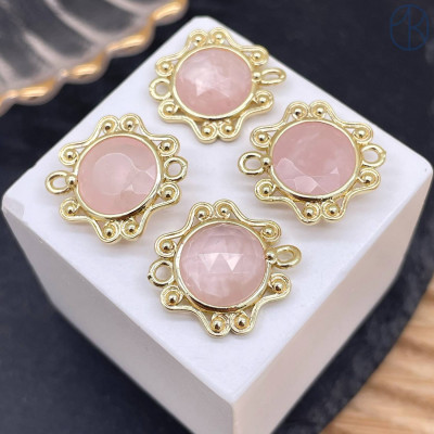 Коннектор солнце огранка розовый кварц, цвет золото ~ 16 мм