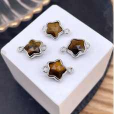 Коннектор звезда огранка тигровый глаз, цвет серебро ~ 12 мм