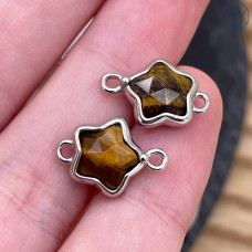 Коннектор звезда огранка тигровый глаз, цвет серебро ~ 12 мм