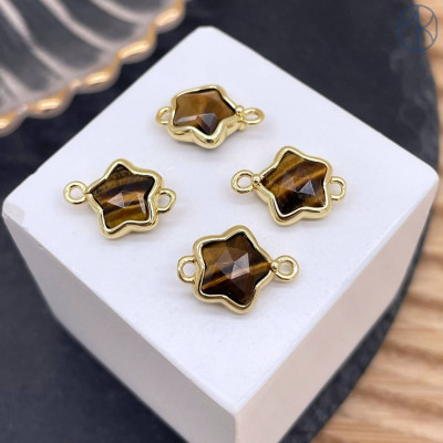 Коннектор звезда огранка тигровый глаз, цвет золото ~ 12 мм