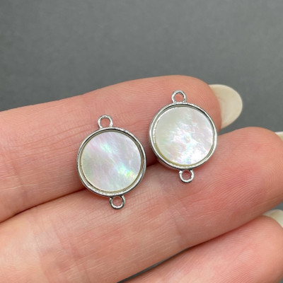 Коннекторр круг белый перламутр, цвет серебро 12 мм