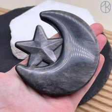 Обсидиан серебристый полумесяц и звезда ~ 9 см