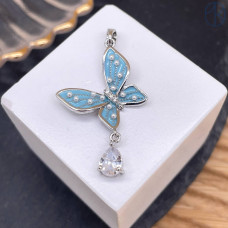 Подвеска бабочка голубая эмаль, цвет серебро 17 мм