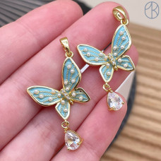 Подвеска бабочка голубая эмаль, цвет золото 17 мм