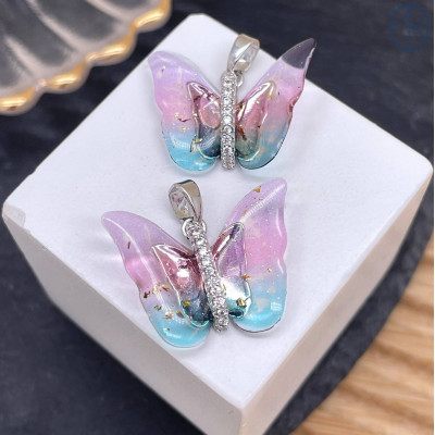 Подвеска бабочка стекло цирконы, цвет серебро 16 мм