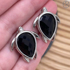 Подвеска черепаха огранка черный агат, цвет серебро 25 мм