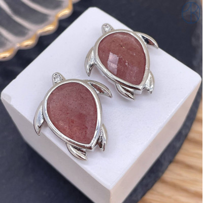 Подвеска черепаха огранка кварц клубничный, цвет серебро 25 мм