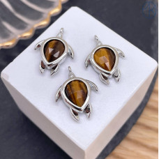 Подвеска черепаха огранка тигровый глаз, цвет серебро 15 мм