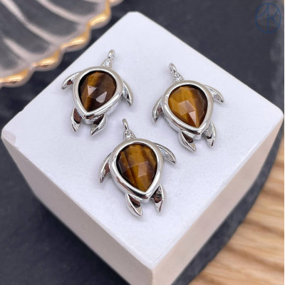 Подвеска черепаха огранка тигровый глаз, цвет серебро 15 мм