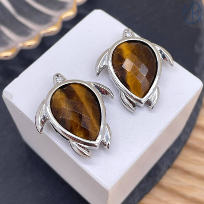 Подвеска черепаха огранка тигровый глаз, цвет серебро 25 мм