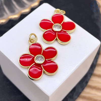 Подвеска цветок красная эмаль, цвет золото 18 мм