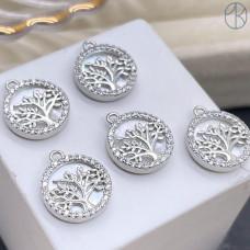 Подвеска дерево с перламутром и цирконами, цвет серебро 12 мм